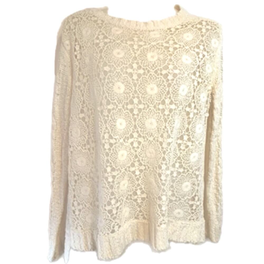 Cottagecore Cream Sweater Large Crochet Open Knit Lacey Boho Layer by Illa Illa